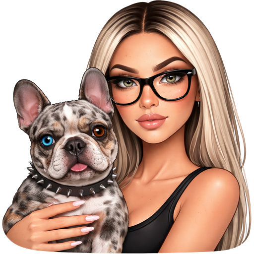 40 year old latina baddie with slim face and not too full lips and a slight bumpy nose round face cheek bones with dark freckles across her nose and almond shaped LIGHT GRAY colored eyes and lashes with fair skin with dark freckles across nose with shiny nose stud in her nose and very long straight icy blonde hair and dark roots parted in the middle and wearing large black glasses wearing a black tank top with a serious face and light pink color nails and holding a gray merle french bulldog that has one blue and one brown eye