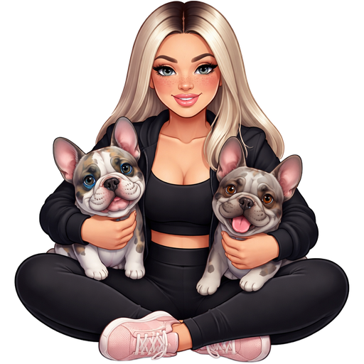 A thick baddie woman with icy blonde hair parted dark in the middle and grey colored almond shaped and many freckles across her nose sitting in the middle of a yoga pose in black workout clothes open black sweater black tank top covering her stomach and light pink adidas hugging a grey blue spotted merle french bulldog with one blue eye and one brown eye and another smaller gray merle french bulldog with brown eyes and tongue sticking out