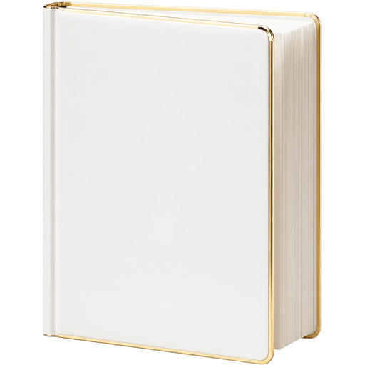 Ultra-realistic appointment book, premium spa aesthetic, elegant hardcover design with smooth matte white cover and softly rounded corners, subtle metallic gold trim along the edges with a soft reflective sheen, clean blank pages slightly fanned with visible paper texture, refined binding detail, minimalist design with no text or markings, perfectly aligned and symmetrical presentation, pristine and unused appearance, high-end luxury finish, soft natural highlights, sharp focus, studio-quality lighting, hyper-detailed textures