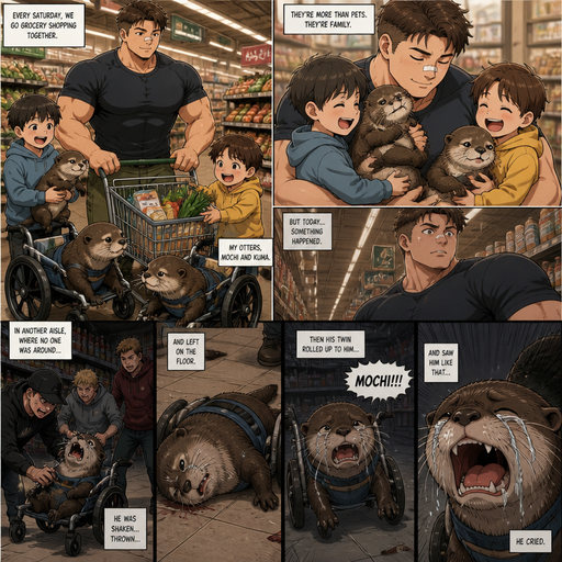 A DETAILED AND LIFELIKE ANIME Comic Book story view of a Bulky but Muscular ANIME Cute Bara Man With Peach toned skin Who looks Normal aind round facial Structure and Basic facial structure With Puffy and Big Pecs that are visible through the shirt and Biceps and Bandaid on his nose and Brown Short and Strait hair. Wearing normal With his pet Grown and long and Owns HEALTHY, CUTE AND REALISTIC OTTERS in Dog Wheel Chairs and 2 little brothers that are in different ages but young. At the grocers store, And their otters cuddle. One of the otter getting shakedown by humans. it was in another aisle, so nobody was there. And it ends up laying on the floor and when his twin rolled up to him and saw he cried