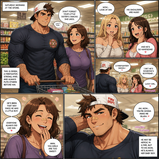 A REALISTIC AND LIFELIKE Comic long STORY of a selfless Fireman who will do anything for his girlfriend Bulky but Muscular ANIME Cute Bara Man With Peach toned skin Who looks Normal and a huge and Masculine round facial Structure and Basic facial structure With Puffy and Big Pecs that are visible through the shirt and Biceps and Bandaid on his nose and Brown Spiky hair and His Hair Curls At the tip of strands. Wearing a nice long sleeved clothing and has a Hairy MANLY body. Fireman baseball hat bacwards. With his mom at the store and girls love talk about how handsome he is. And his mom laughs