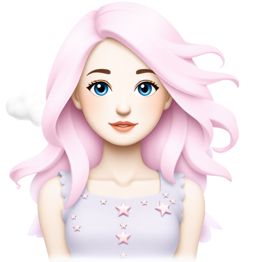 "Whimsical woman with pastel blue eyes like the sky, adorned with flowing cotton candy pink hair. She wears a soft lavender sundress and pastel star embellishments, surrounded by delicate clouds and tiny sparkling hearts, radiating a dreamy vibe and ethereal charm."