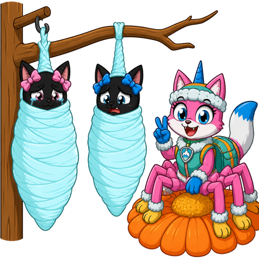 wrapped up and mummified fully covered in a #B8FFFF spider slik cocoon shaped like anthro black cat female anthro two pink hair bows worried teary eyes with arms behind back with #B8FFFF spider slik wrappings completely covered with thick layers non-transparent #B8FFFF spider slik wrappings hanged to the wooden hook on the left side next to wrapped up and mummified fully covered in a #B8FFFF spider slik cocoon shaped like anthro black cat girl female anthro with 2 blue hair bows whimpering puppy eyes arms behind back with #B8FFFF spider slik wrappings completely covered with thick layers non-transparent #B8FFFF spider slik wrappings hanged to the branch on the the right side next to happy pink cat anthro furry boy drider with blue and white tail white wrists blue hands white ankles yellow feet green collar blue unicorn horn based on unikitty wearing everest's hat and everest's clothing with everest's backpack doing victory sign sitting on a orange flower
