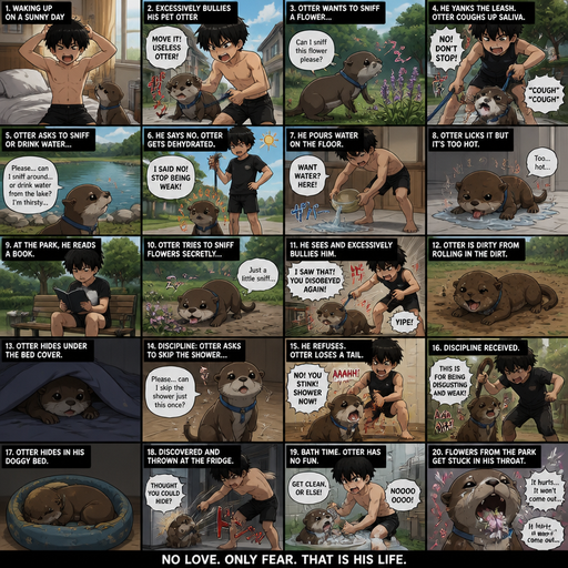 Waking up in the morning on a Sunny day and no cin pajamas and his pet otter but Excessively bully’s it. in the neighborhood and the Otter wants to stop and sniff a flower but he yanks the leash and the Otter coughs up Saliva and the otter asks if he can sniff a drink water from the lake but he’s says no and gets dehydrated and he pours what we on the floor and the otter licks it but it’s to hot. But They go to a park and he sits down and reads a book and can see the otter trying to secretly sniff flowers so he Excessively bullies him. Then later The otter is dirty from trolling in the dirt and sleeps and hides under his bed cover but doesn’t take a bath there are is discipline. and asks if he can skip the shower but looses a tail. And the otter Receives Discipline that. And hides under his Doggy bed and gets discovered and thrown at the fridge still holding his legs. And then the otter doesn’t have a fun time taking a bath and he responds by getting flowers in his throat from the park while there walk