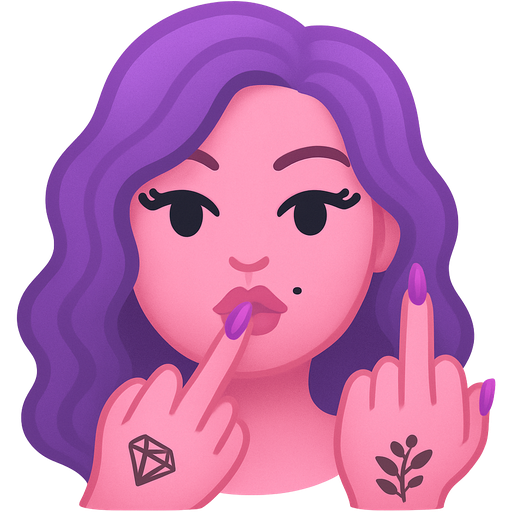 Pink emoji, 1 hand with nails middle finger up, 2nd hand admiring nails, poking lips, mole, eyelashes, a purple wavy wig, light makeup, hand tattoos