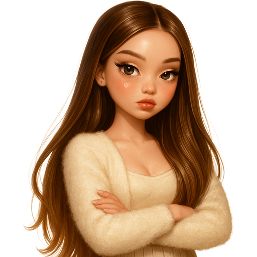 luxury glossy bratz-anime romantic aesthetic, warm cinematic glow, crisp clean detail, glossy glam skin. petite girl, soft-autumn tone, fair skin, honey-brown almond eyes, soft freckles, round moderate bust, sweet Belle-princess vibe, very long brunette honey balayage hair with visible light honey blonde highlights, cream fuzzy shrug + pleated skirt, arms crossed, pouty, “prove it” stare, hair: sleek glossy straight, makeup: marshmallow shimmer pop, pop-princess energy, shimmer highlight, sparkly glow
