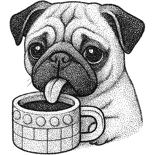 A pug dog, with grey snout, sipping from a food bowl made from lego and filled with coffee. Against a clear/White background