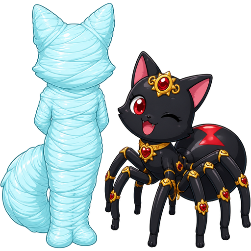 wrapped up and mummified fully covered in a #B8FFFF spider slik cocoon shaped like anthro fox arms behind back with #B8FFFF spider slik wrappings completely covered with thick layers non-transparent #B8FFFF spider slik wrappings next to a happy black widow spider cat drider hybrid jewelpet sunshine version