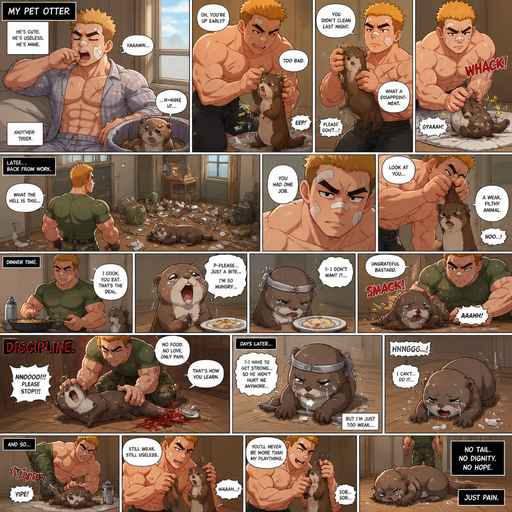 A ANIME Comic book story about of a Bulky ANIME Cute Bara Man American 20 year old with a ROUND and BASIC facial structure and Young Adult BARA CUTE that is Peach Toned skin not anything else MALE not to detailed With bigger than average Pecs that are visible through the shirt and Biceps and a big Bandaid on his nose and Left Cheek and Right Eye brow with Scars all over his Chest and arms. Wearing a Tight Military Green Top that is tight around the waist and Baggy Camo Cargo pants drenched in sweat and Short and yellowish orange Hair and Bright Gold Fluffy Hair and Strait with brown eyes and black eyebrows with a Three finger Slash on his Eyebrow. With no Facial Hair. Waking up in the morning in pajamas and his pet otter but Excessively bully’s it. And when he comes back from work he sees the otter right we’re he left him with trash around him and made a mess. He makes dinner and the Otter doesn’t even eat dinner and cries and asks for some and the looses a tail. And the otter Receives Discipline that and no longer has a tail. And then he excessively bullies him. And the otter tries to Get stronger but is to weak