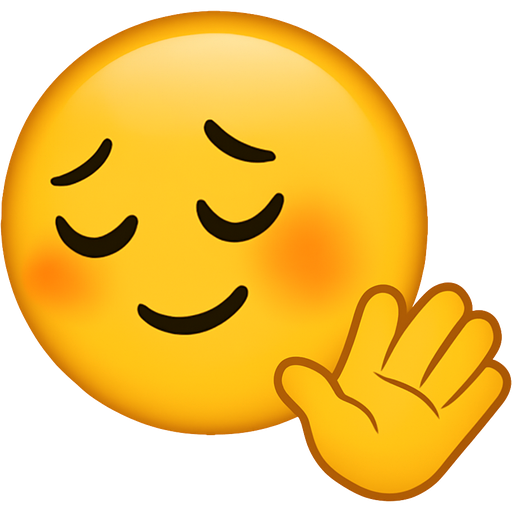 Bashful embarrassed yellow emoji turning head away with eyes closed slightly smiling with one hand angled down in a “stop it” or “go away” motion