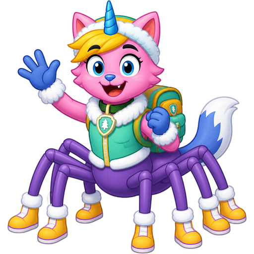 happy male pink cat anthro furry boy drider with yellow hair blue and white tail white wrists blue hands purple spider legs white socks yellow boots green collar blue unicorn horn based on unikitty wearing everest's hat and everest's clothing with everest's backpack