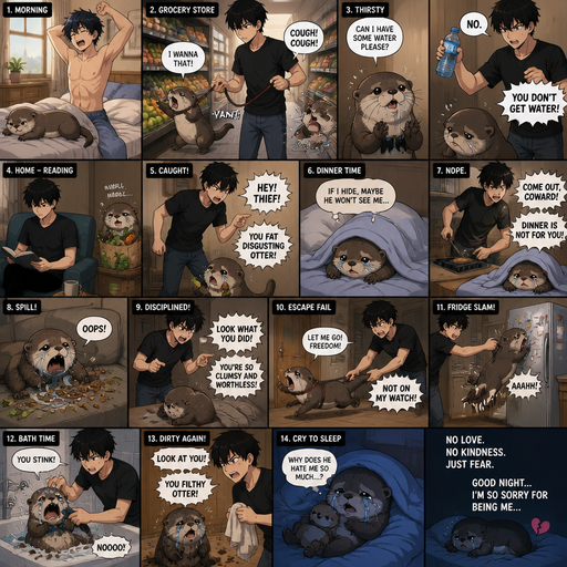 Waking up in the morning on a Sunny day and no cin pajamas and his pet otter who is fat and Unathletic but Excessively bully’s it. in the grocery store and the Otter wants a piece of produce, but he yanks the leash and the Otter coughs up Saliva and the otter asks if he can some drink water from his water bottle, but he’s says no and gets dehydrated. But They go to the house he sits down and reads a book and can see the otter trying to secretly nibbles on some vegetables he bought so he Excessively bullies him. Then later the otter and hides under his covers wanting to be unnoticed for dinner but it doesn’t work and the otter gets bullied while he is cooking and then the otter tries to Eat food but spills it on the couch and he gets disciplined. And hides under his Doggy bed after tries to escape the apartment and thrown at the fridge still holding his legs. And then the otter doesn’t have a fun time taking a bath cause he is getting bullied and he comes in from playing outside and gets stuff dirty and gets disciplined. So he cries himself to sleep