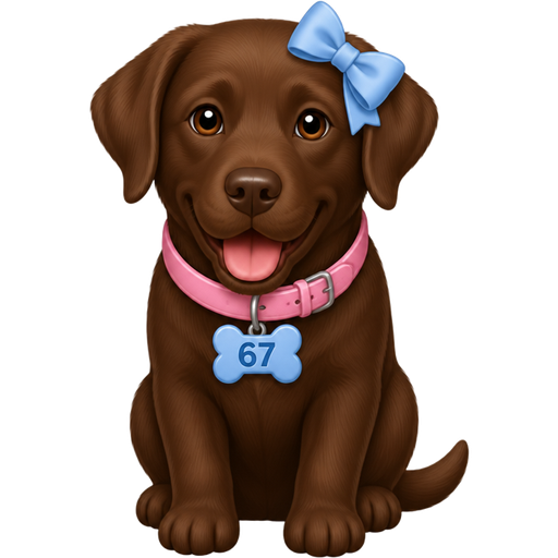 Chocolate labrador with a pastel blue bow on its ear a a pink collor with 67 on it in the same shade of blue as the bow