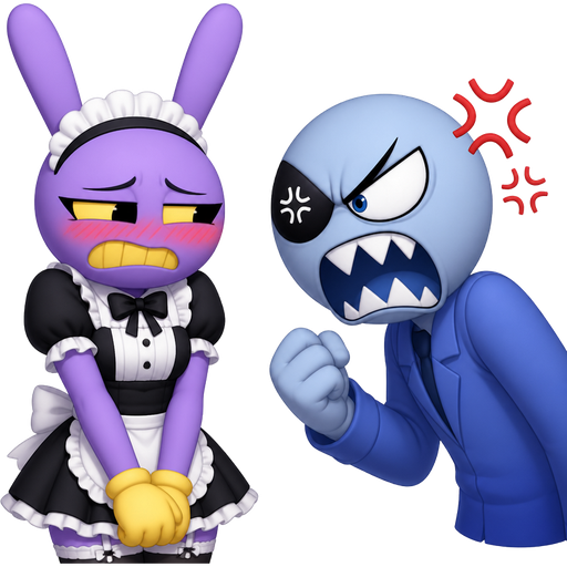 Digital circus Jax blushing, embarrassed in maid outfit with eyeliner bluish Ing clenching his fist, really really angry
