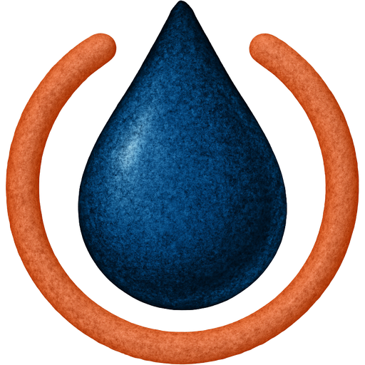 An irregular dark blue teardrop is gently encircled by a terracotta horseshoe or open circle, not constricting it. Beige background. Represents holding space without judgment.