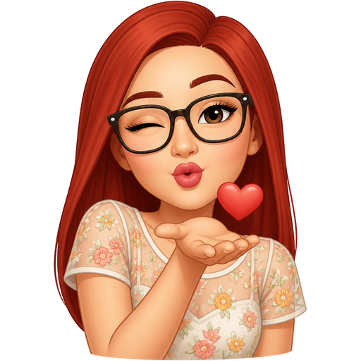 light skin woman with straight red hair and glasses wearing a summer illusion top short sleeves blowing a kiss