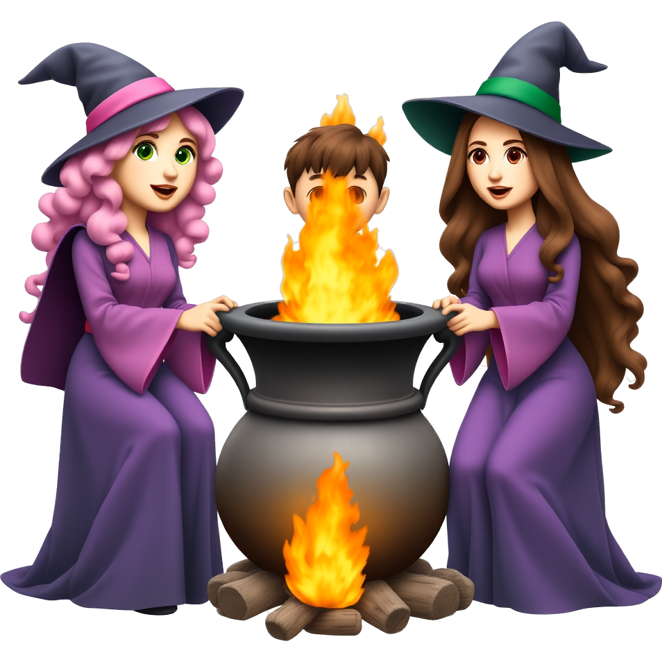 three witches around a flaming cauldron, one is a tall girl with curly pink hair wearing pink with green eyes, one is a boy with brown hair and brown eyes wearing green, one is a brunette girl with brown eyes and long wavy hair wearing purple. They are holding each other’s hands and chanting magic spells