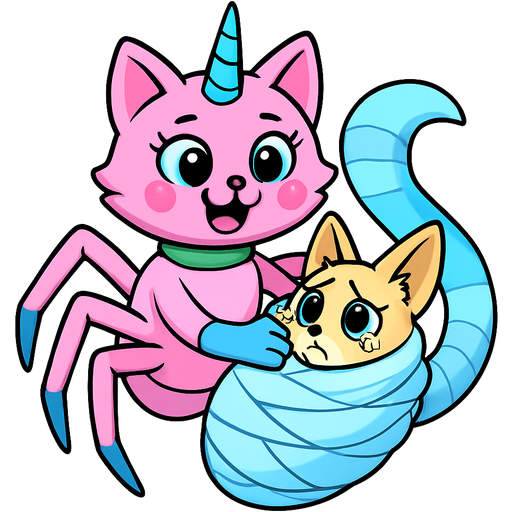 giant pink cat spider hybrid with blue unicorn horn green collar blue eyes with eyelashes heart shaped cheeks white wrists blue hands white ankles yellow feet blue and white tail happy hugging #B8FFFF slikworm cocooned pod fennec fox worried and teary eyes covered with #B8FFFF huge coating of #B8FFFF slik and huge #B8FFFF slik wrappings and huge #B8FFFF webbing wrappings #B8FFFF