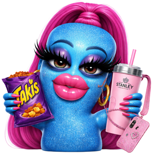 No glitter or sparkly make it really funny like a big forehead and all that silly too funny as well Make like the biggest slay baddie blue sour patch kid with long nails, big lips Takis iPhone Stanley a big ponytail that’s pink massive eyelashes you get the gist