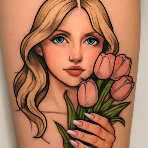 Fille blonde au yeux bleu et vert qui tient un bouquet de tulipes rose clair et c’est ongles sont blanc avec des motif avec des noeud rose
