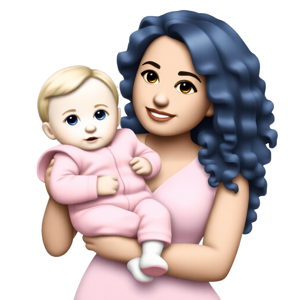 A mom tall ombré blue hair long curly with hospitail gown holding a baby girl with a pink jumpsuit with blonde hair and white socks and blue eyes