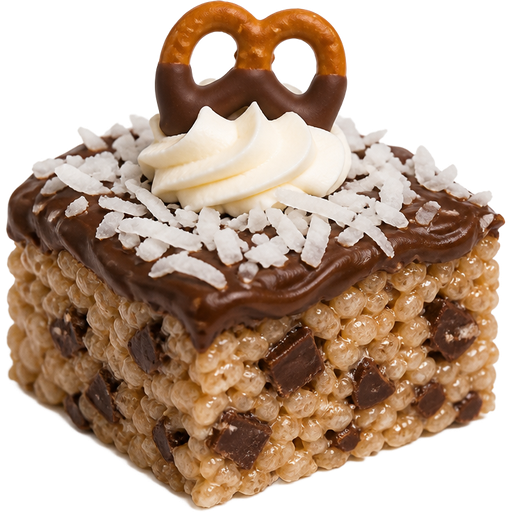 Rice Krispy Treat with Fudge Frosting, Chocolate Chunks mixed in, Coconut Flakes, with Shredded Coconut on Top and a Half Dipped Chocolate Pretzel Sitting on top of a Dollop of Vanilla Cream Frosting