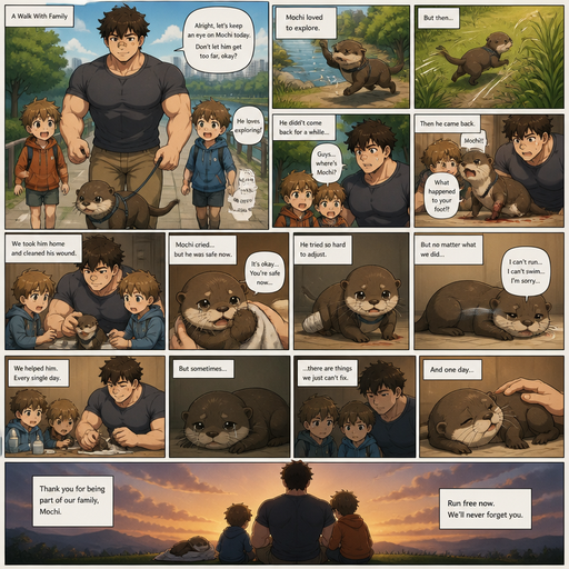 A DETAILED AND LIFELIKE ANIME Comic Book story view of a Bulky but Muscular ANIME Cute Bara Man With Peach toned skin Who looks Normal aind round facial Structure and Basic facial structure With Puffy and Big Pecs that are visible through the shirt and Biceps and Bandaid on his nose and Brown Fluffy and Strait hair. Wearing a normal clothes And with his pet and grown otter and 2 little brothers. And they go on a walk with the otter and the otter ran off and and the otter came back came back without a Foot. And they helped him and the otter cried but was safe now at home. And the otter tries to recover but struggles and no amount help could do the trick. And then it was over