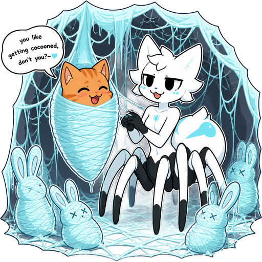 Orange cat getting mummified by boykisser drider hybrid you like getting cocooned, don't you? Orange cat with light cyan spider slik webbings wrapped up in a light cyan spider slik mummy in a light cyan spider web next to boykisser drider hybrid in a cave with cyan spider webs and cyan spider slik mummified rabbits