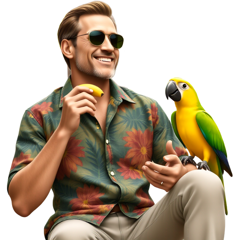 "Stylish gentleman with a vibrant, patterned shirt, sitting under a palm tree, savoring a golden banana, while a parrot perched nearby chats animatedly. Sunlight filters through the leaves, creating a warm, tropical atmosphere that radiates joy and relaxation."