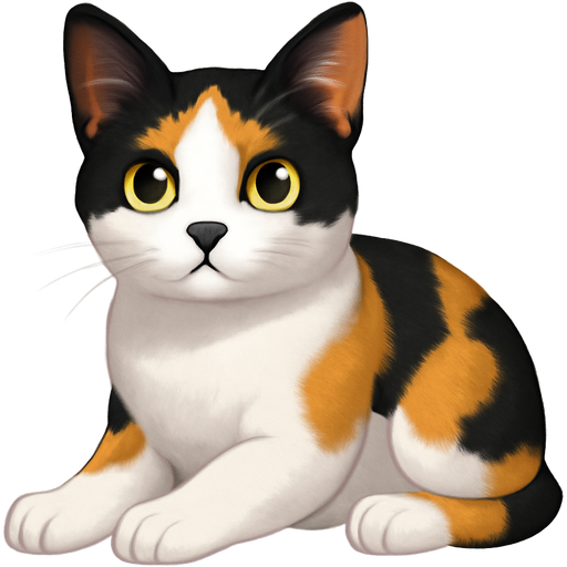 This is a calico cat with a beautifully patterned coat of white, black, and orange. Her face is predominantly white, highlighted by a striking dark patch over her nose and a small spot of color on her forehead, giving her an expressive and slightly mischievous look. Her eyes are large, round, and green, wide open with an alert, curious gaze. The ears are upright and pointed, with a mix of dark and light fur accentuating their shape. Her body is a mosaic of colors: patches of deep black, warm orange, and pure white blend together across her back and sides. The legs are mostly white, though streaked with touches of orange and black, and her paws are neat and delicate, with pink pads peeking through. Her posture is relaxed yet attentive, lying with her body stretched but her head raised, as if ready to react at any moment.