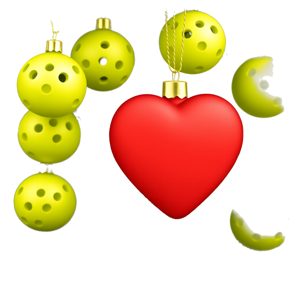Lime green colored Perforated pickleballs with many equally spaced holes as Christmas tree ornaments and a big red heart ornament in the middle all hanging on a Christmas tree where the pine branches of the tree are very visible