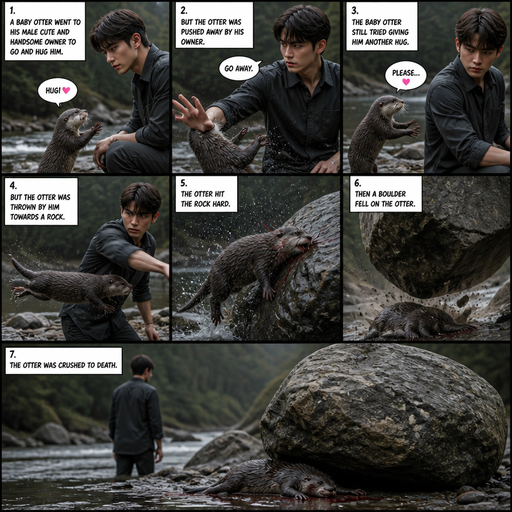 A comic book of a A baby otter went to his male Cute and Handsome owner to go and hug him but the otter was pushed away by his owner but then tried giving him another hug ,but the baby otter was thrown at a rock by a his owner and a boulder falls