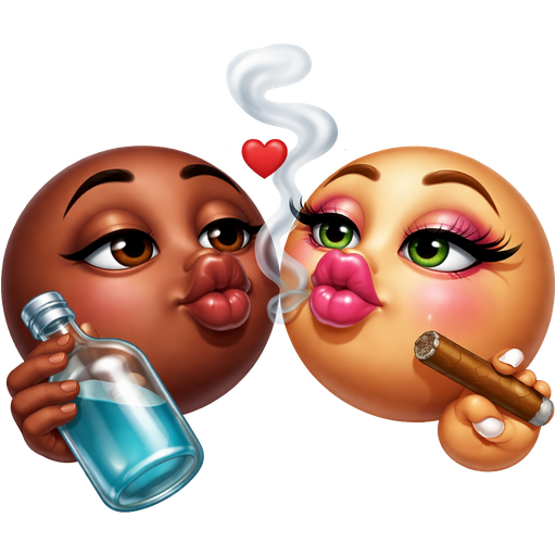 Two emoji kiss time little heart touching emoji’s lips both of them one holding big glass bottle other other emoji holding lit cigar in hand both blowing light smoke from their mouth one darker brown, this emoji dark brown, brown eyes has no make up turning with puckered lips to kiss other emoji's big puckered plump juicy lips with pink glossy lips this emoji color tan is slightly turned towards first emoji green eyes add fake longer eye lashes, add light pink blush puckered lips alot of makeup on this emoji