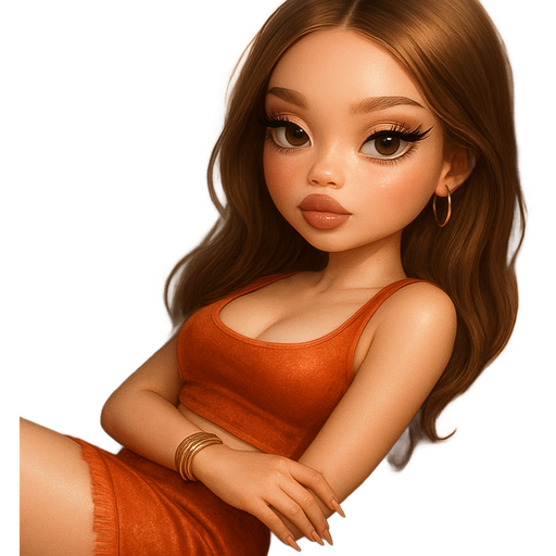 soft airbrushed glam, mini plush Bratz-doll aesthetic, cinematic glow, crisp clean detail, glossy soft skin. brown eyed skinny Petite girl, fair skin with soft freckles, wide face with tall forehead, honey-brown almond wide-set upturned eyes, fluttery lashes, shimmer highlight, plush lips, bottom heavy lip, sweet Belle-princess vibe, medium-long brunette hair with visible caramel highlights. softly defined feminine body, soft hourglass shape with full round bust, wearing a shiny velvet warm orange scoop neck crop top and matching low rise mini skirt with end fringe trim. layered gold bracelets, thin gold hoop earrings. brown smokey liner. hair with middle part, soft layers. sleek almond nails. peachy-pink blush with shimmer highlight, plush mauve ombre lips. lying with body on side slightly, knees slightly bent with forearms crossed posing on car seat. serious gaze. full body side view. Cozy romantic glow, soft warm lighting, pop-princess energy