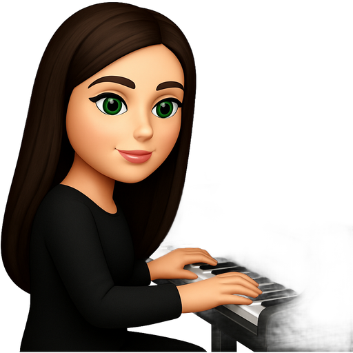 Beautiful white girl with perfect dark brown long straight amazing hair and green eyes playing grand piano