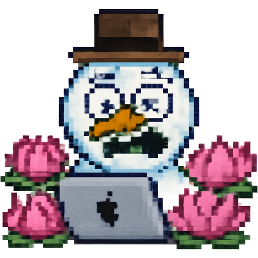 A snowman working hard with her MacBook. There are beautiful pink lotus surrounding her. She looks a bit crazy and exhausted but the face should remain crazy. The face should be similar with default iOS emoji