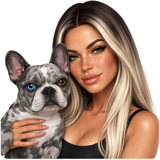 Latina Ice Blonde dark roots no makeup 40 year old baddie girl blue-grey eye color squinty dark freckles very straight long hair cuddling gray blue merle one blue eye one brown eye French bulldog serious smile black tank