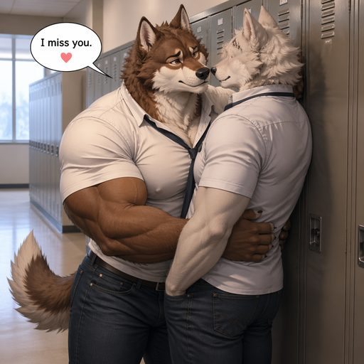 A Real life Full Body Image of a Bulky Anime Bara Brown Wolf with White with a brown eyes and Big Arms and Big Pecs m. Wearing a Tight button up Korean school Uniform And Jeans. Flirting with his Boyfriend and hugging him around the waist at his locker. Saying I miss you