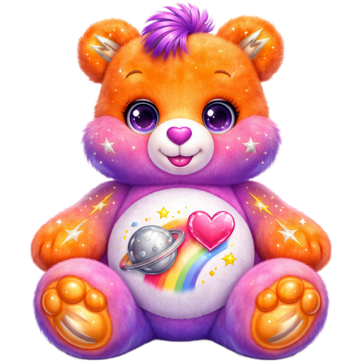 Starlight Love Care Bear with Gradient Pink and Purple Ombré Blended Pattern Fur and Orange Ears, Paws, Feet and The Upper-Half of the Face is also Orange with Shooting Stars and Lightning Strikes on the The Paws, Upper Face, Ears and Feet with a Smiling Sliver Saturn with the Ring being Half Silver and Pink Next to a Rainbow Shooting Pink Heart with Yellow, Pink, and Blue Stars Surrounding it on the Stomach with White Twinkles in the pupils of the eyes and Purple and Pink striped Tufts of hair and a Purple Heart Nose
