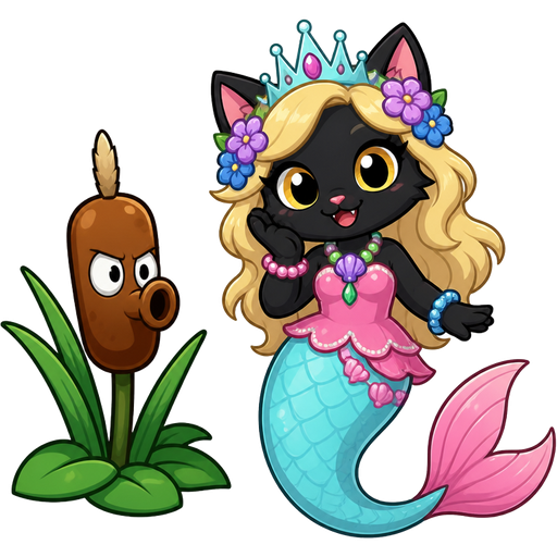 black cat with light yellow hair purple and blue flowers light cyan crown purple and green necklace pink and blue bracelets pink dress attached to long light cyan mermaid tail with pink tail fins next to cattail for plants vs zombies