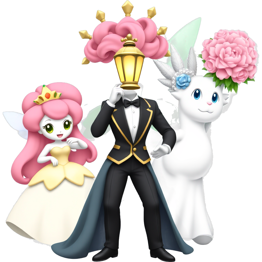 "Budew, dressed as a delicate fairy with sparkling wings, dances among twinkling stars; Roselia, wearing a regal crown of flowers and a flowing gown, holds a glowing lantern; Roserade, adorned in a sleek tuxedo, elegantly twirls a bouquet like a magician revealing a stunning illusion."