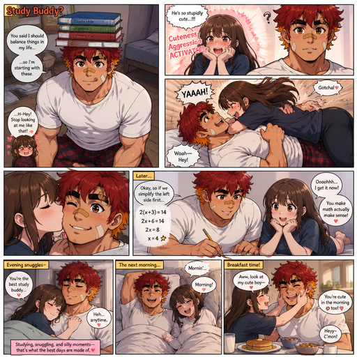 A Full page Anime Comic book story about of a masculine and Bulky ANIME Cute Bara Man American 20 year old with a ROUND and BASIC facial structure and TENAGE BARA CUTE MALE not to detailed With bigger than average Pecs that are visible through the shirt and Biceps and a big Bandaid on his nose and Left Cheek and Right Eye brow. Wearing a no piercings Baggy White shirt and pajamas pants and Red Hair and Bright Orange Hair Tips and Strait with brown eyes and black eyebrows. Sitting down looking up And Balances Books on his head and Licking his lips and making her blush and having cuteness aggression against him. She laughs and she takes him down while play figh. And she kisses him on the Cheek. And he teaches her some Math and they snuggle. And they wake up the next and go eat breakfast and she pinches his cheeks and says that he’s cute in the morning too