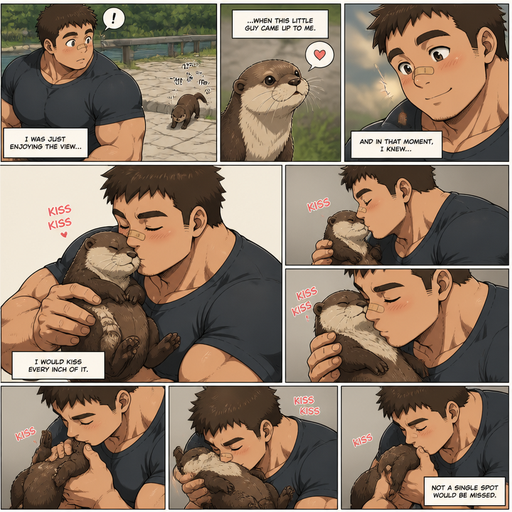 A DETAILED AND LIFELIKE ANIME Comic Book story view of a Bulky but Muscular ANIME Cute Bara Man With Peach toned skin Who looks Normal sincerely d round facial Structure and Basic facial structure With Puffy and Big Pecs that are visible through the shirt and Biceps and Bandaid on his nose and Brown short hair. Wearing normal clothes. And an otter comes up to him and he Kisses every inch of it.