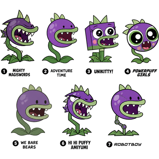 pvz chomper in cartoon network styles 1 mighty magiswords 2 adventure time 3 unikitty! 4 powerpuff girls 5 we bare bears 6 hi hi puffy amiyumi 7 robotboy