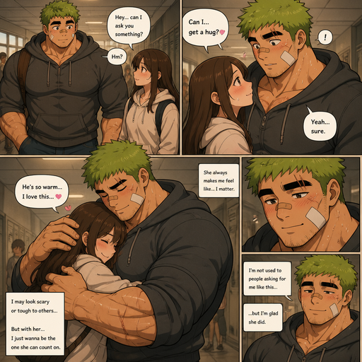 Comic book story about of a Tall and More lean and INTIMIDATING Frame that’s Bulky and Beefy and every Muscle is bigger than average and less shredded or muscular with Chunky and Bulky chest and Biceps and his defined abs ANIME Cute Bara Man American 20 year old with a ROUND and BASIC facial structure and Young Adult BARA CUTE that is Peach Toned skin not anything else MALE not to detailed With bigger than average Pecs that are visible through the shirt and Biceps and a big Bandaid on his nose and Left Cheek and Right Eye brow with Scars all over his Chest and arms. Wearing a no piercings Wearing a Hoodie and Jeans under around the waist with and pants pants and drenched in sweat and Short and Green Brown Hair and Bright Light Green fluffy Hair and Strait with brown eyes and black eyebrows with a Three finger Slash on his Eyebrow. With no Facial Hair. Walking with his crush at school she tells ask for a hug and he does and she loves it cause he’s warm