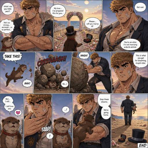 A Lifelike and Detailed Comic book story about of a Bulky and Beefy and every Muscle is bigger than average and less shredded or muscular with Chunky and Bulky chest and Biceps and his defined abs ANIME Cute Bara Man American 20 year old with a ROUND and BASIC facial structure and Young Adult BARA CUTE that is Peach Toned skin not anything else MALE not to detailed With bigger than average Pecs that are visible through the shirt and Biceps but slim and Athletic Lower body that makes have a V-Tapper Lower Body and a big Bandaid on his nose and Left Cheek and Right Eye brow with Scars all over his Chest and arms. Wearing a no piercings Wearing a baggy School Uniform and tie with Blazar and Pants and yellowish Brown Hair and Bright Light Brown fluffy Hair and Strait with brown eyes and black eyebrows with a Three finger Slash on his Eyebrow. With no Facial Hair.His Pet Otter that he excessively bullies that has a Collar and has a Huge Crush on him but he doesn’t like the otter back. And the otter one day dressed up re ly nice and with a top hat on creates a huge ceremony at the beach to marry him and he says no and the otter is throw at rock and a bolder falls and he pushes the rock down more and he looses. And then The otter calls him over and he goes to the otter and the otter says i still love you. And his hand flys across his face and he the is Silenced. And the otter flies into his pen and he picks him up and says stop these dreams we’re going home. And he leaves the hat and ring there