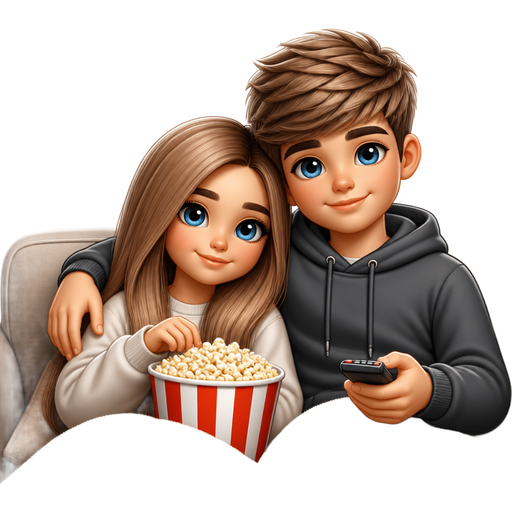 Make a couple with blue eyes and light brown hair, the girl has long straight hair and the guy has a textured fringe haircut, they are sitting on the couch watching a movie