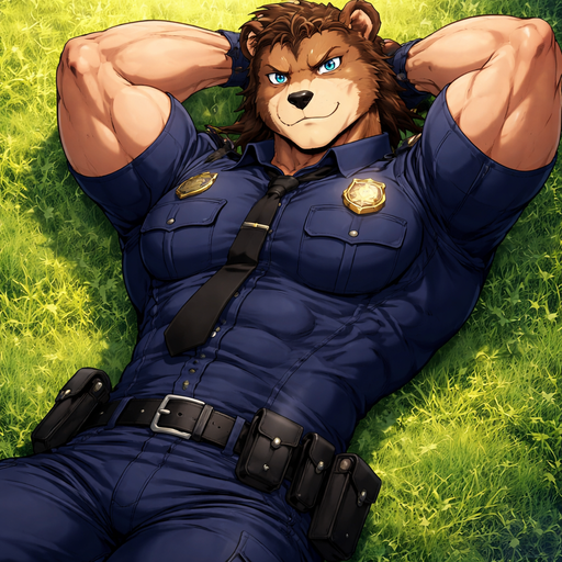 A Anime Full Body and Face of a Muscular and Buff with Gigantic Pecs AND biceps. VERY Masculine and handsome Bara Furry Bear with a Very Good-looking Face and Blue eyes with a wrestler type body. Buttoned up in a Police Uniform. Laying down on a grass looking up