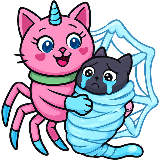 giant pink cat spider hybrid with blue unicorn horn green collar blue eyes with eyelashes heart shaped cheeks white wrists blue hands white ankles yellow feet blue and white tail happy hugging #B8FFFF slikworm cocooned pod black cat anthro worried and teary eyes covered with #B8FFFF huge coating of #B8FFFF slik and huge #B8FFFF slik wrappings and huge #B8FFFF webbing wrappings #B8FFFF emoji, artistic style