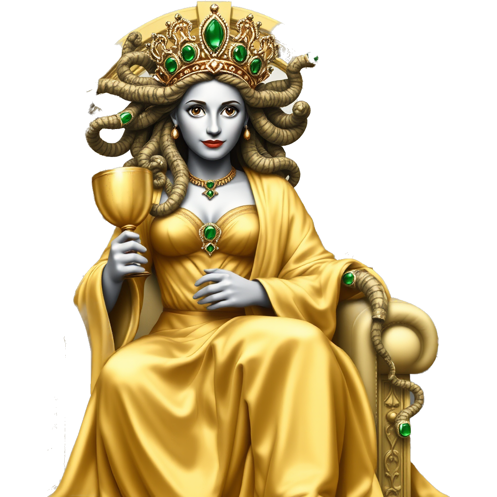 β¨πΉ A regal Medusa draped in flowing gold silk robes, adorned with emeralds and diamonds. Her serpentine hair styled with jeweled tiaras, sparkling like a crown. She holds a lavish goblet, vines of golden ivy wrap around her arm, exuding elegance and mystique in an opulent marble throne room. ππ